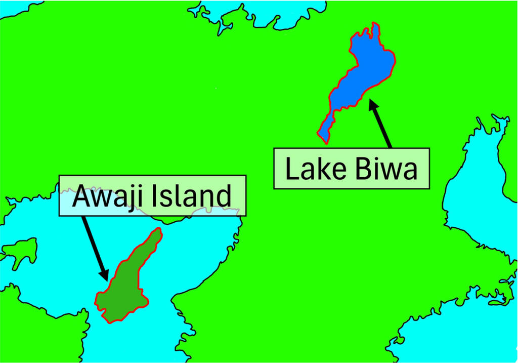 Lake Biwa and Awaji Island are almost the same shape and area! Here's the legend behind this